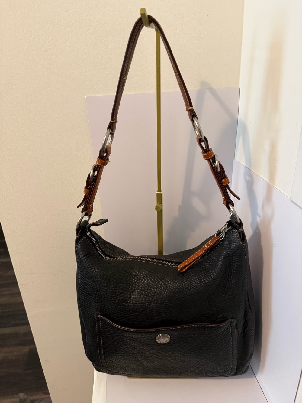 Coach Chelsea Black Pebbled Leather Shoulder Bag Pink Lining